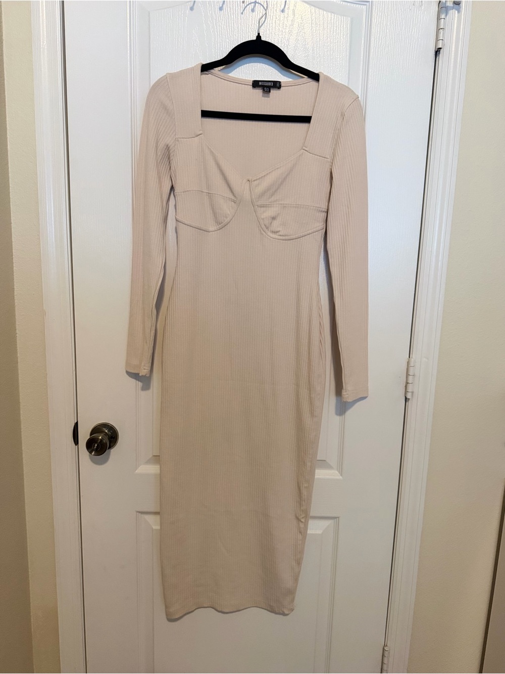 Missguided Beige Ribbed Long Sleeve Midi Dress